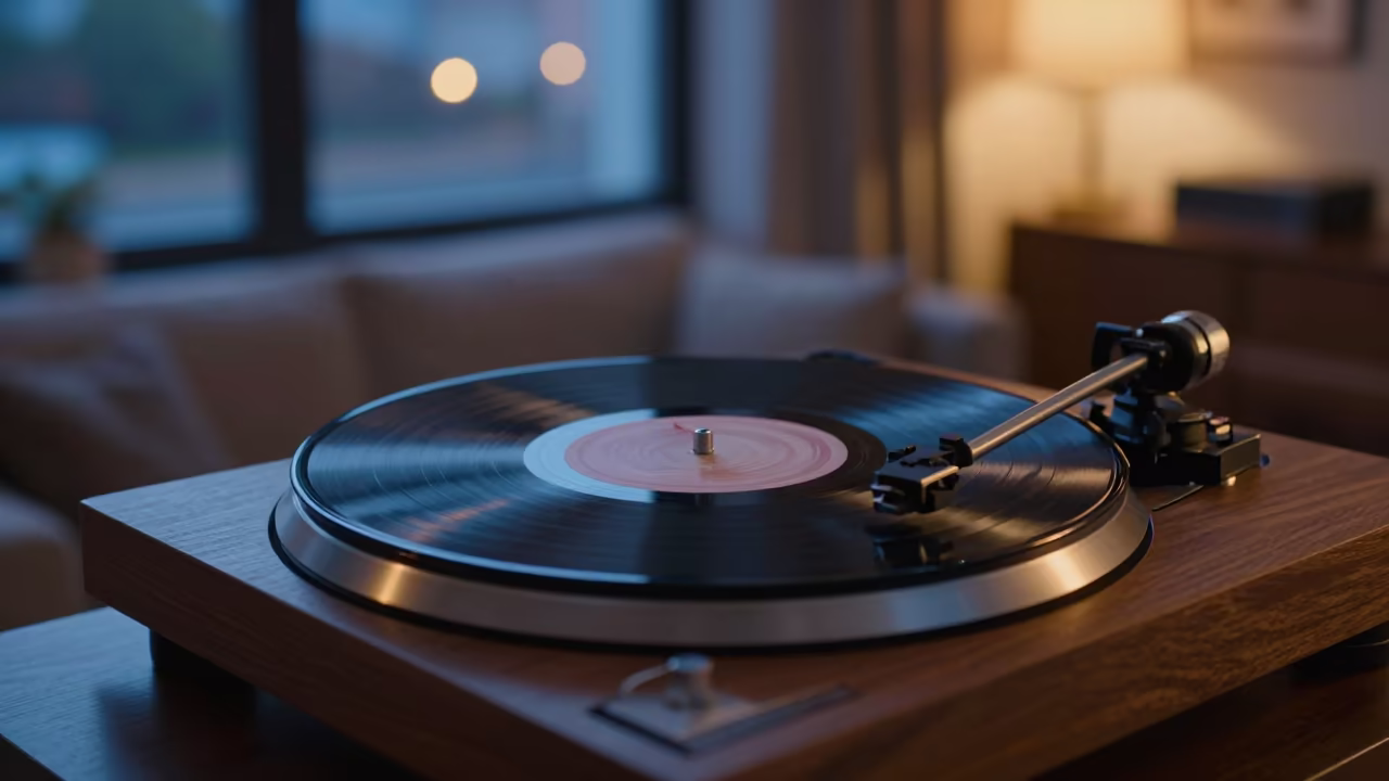 Vinyl Spinning in Wa Twilight Room in in a sunlit living room near Wa