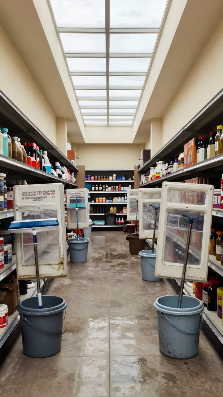Vinyl Squeegee Bucket in Benin City Retail Aisle in inside a bright retail aisle in Benin City