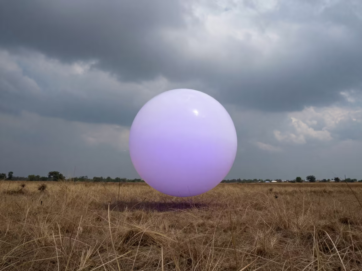 Violet Ball Lightning Hovers Low Over Dry Grass in beneath fast-moving cloud bands in Madhya Pradesh