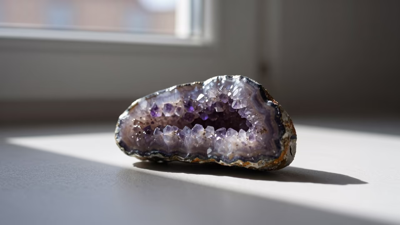 Violet Crystal Geode Cross Section Macro in inside a seed pod split open in Stockholm