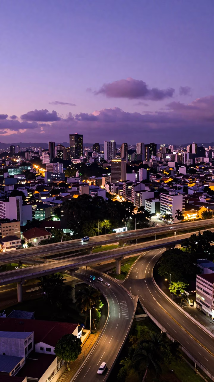 Violet Evening in Salvador Brazil Overpass Ramp and Luminous Cityscape in in Salvador, Brazil
