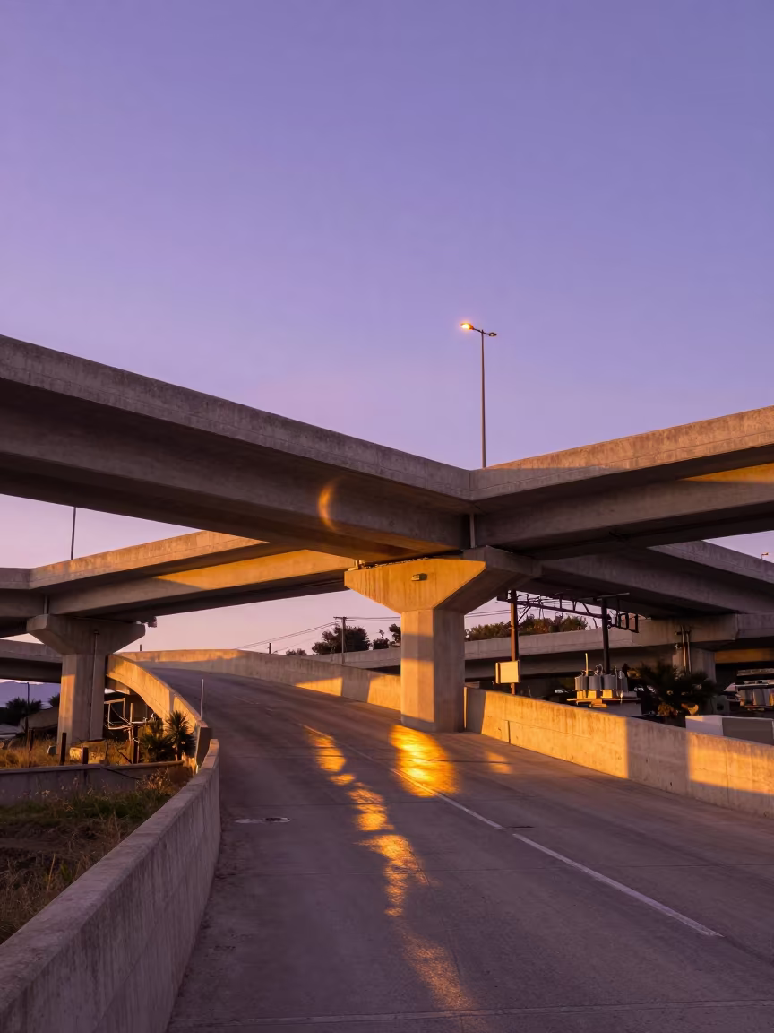 Violet Evening Sky Over Ajaccio Overpass Ramp in across a windy overpass interchange near Ajaccio