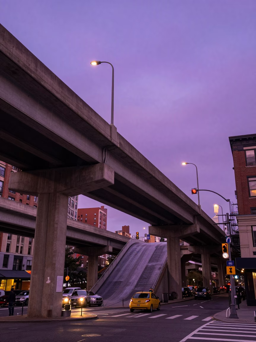 Violet Evening Sky Over New York Overpass Ramp and City Street Life in in New York, New York, United States