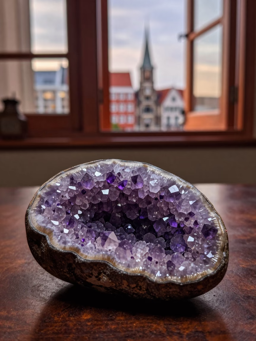 Violet Geode Cross Section in Willemstad Window Light in inside a seed pod split open in Willemstad