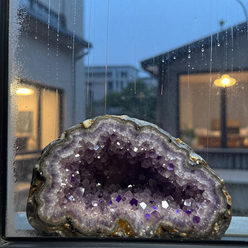 Violet Geode Crystal Cross Section on Frosty Window in along a frost-edged windowpane in Shenzhen