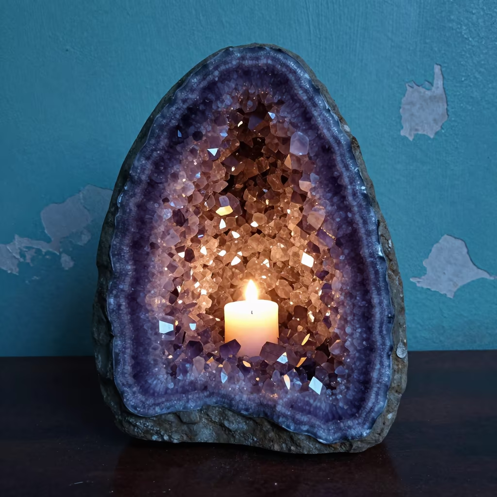 Violet Geode Crystal Cross Section Turquoise Wall in against weathered turquoise paint in Guiyang