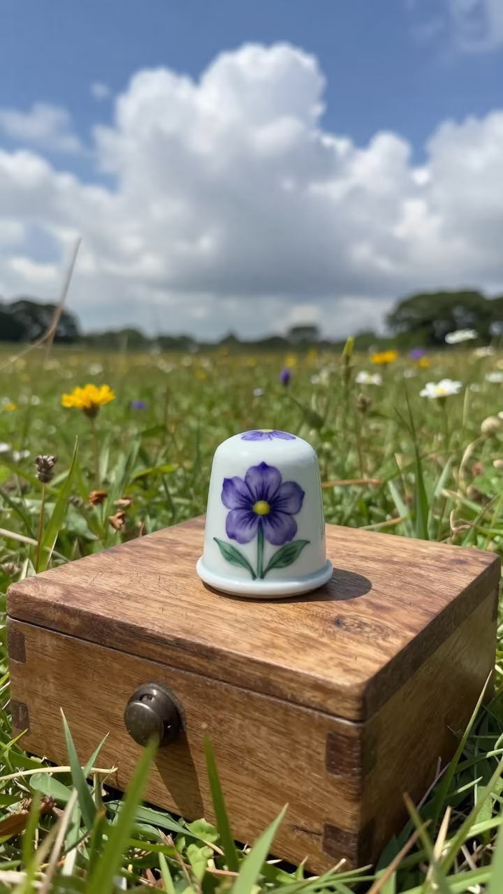 Violet Painted Thimble on Sewing Box in Singapore Meadow in in a bloom-heavy meadow in Singapore