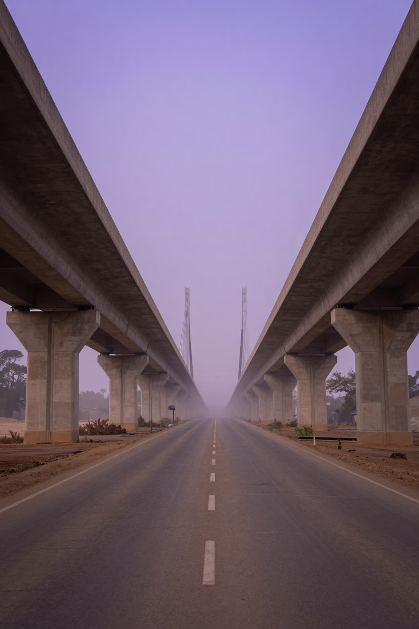 Violet Sky Over Harare Overpass Ramp in under a cable-stayed bridge span in Harare