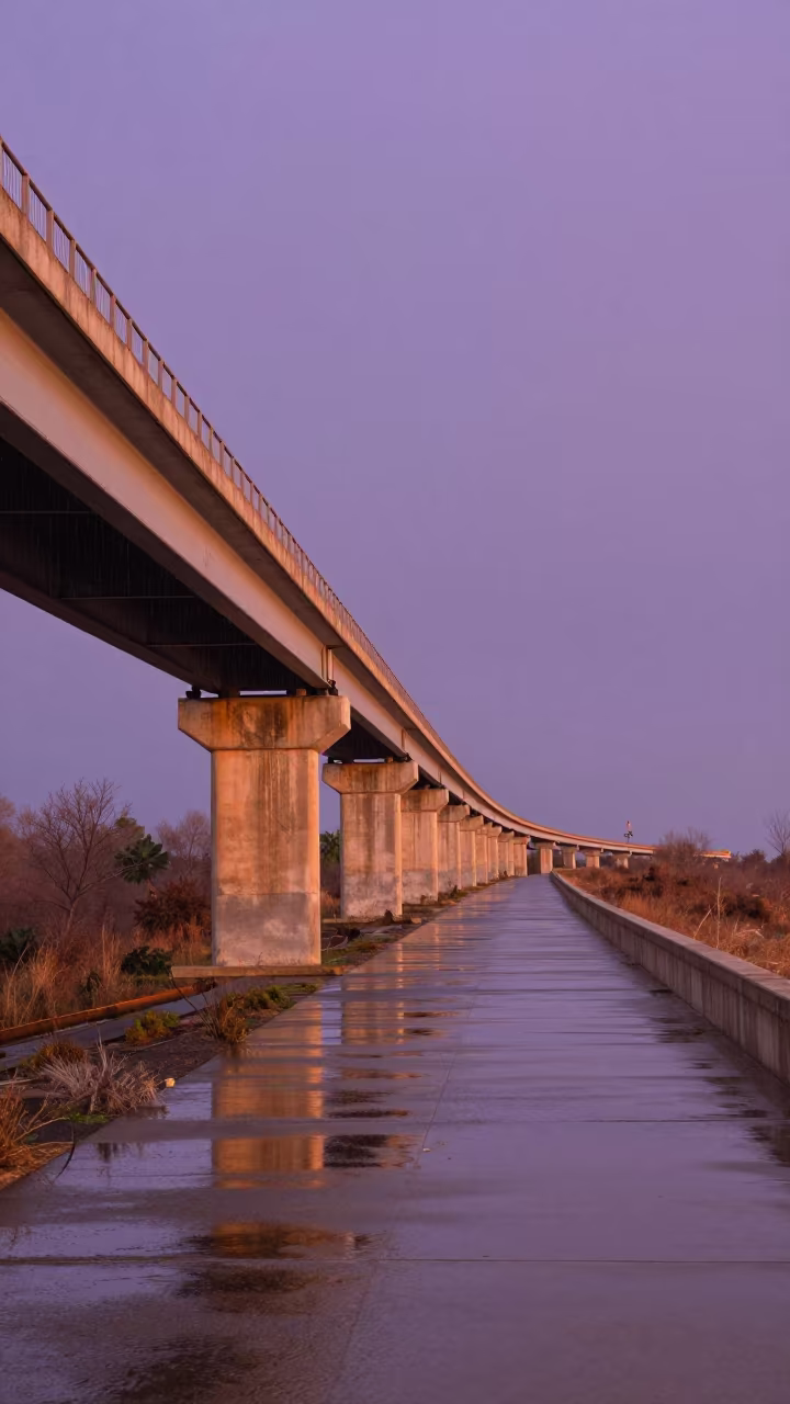 Violet Sky Overpass Ramp Corsica Golden Hour in beside a storm surge barrier in Corsica