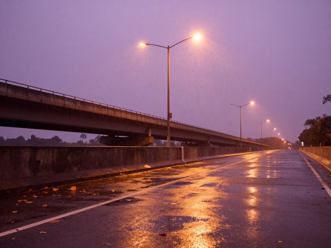 Violet Sky Overpass Ramp at Golden Hour in beside a storm surge barrier in Paraná
