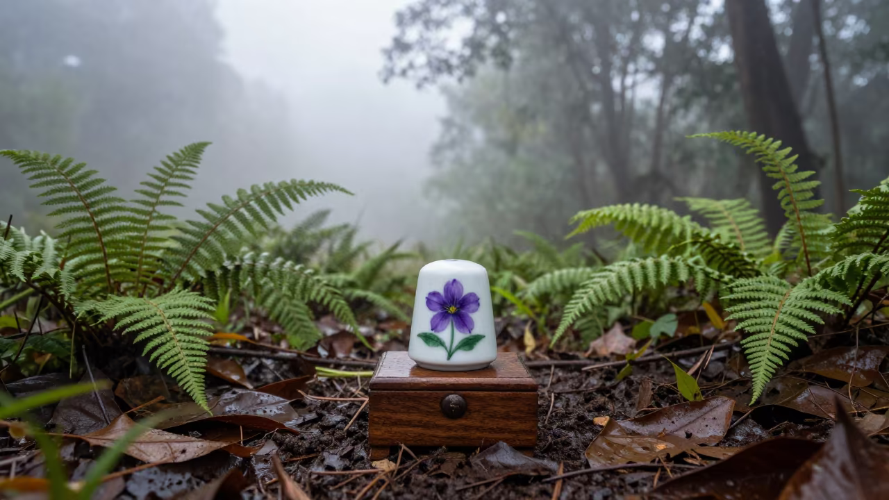 Violet Thimble on Forest Floor in on a fern-lined forest floor near Bouake