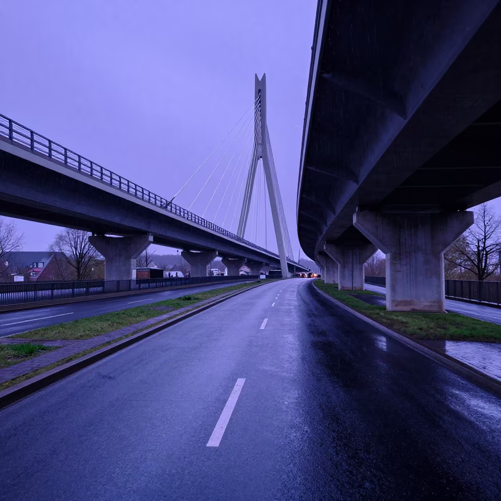 Violet Twilight Over Luxembourg Cable Stayed Bridge in under a cable-stayed bridge span in Luxembourg