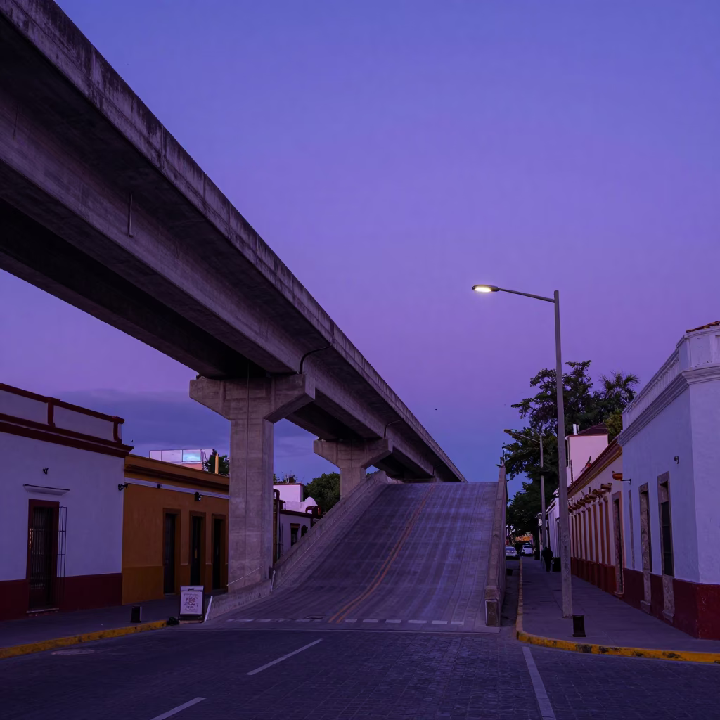 Violet Twilight Over Merida Mexico Overpass Ramp and Colonial Street Life in in Merida, Mexico