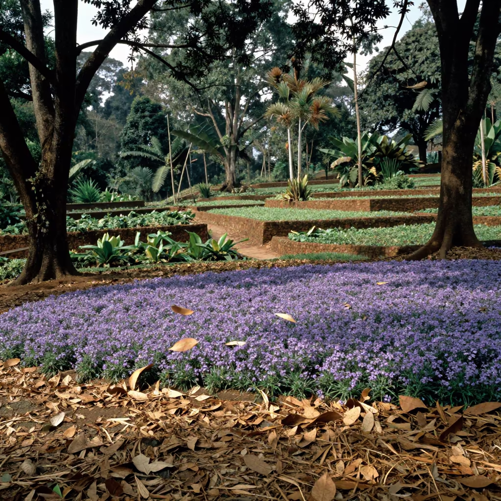 Violets Blooming Under Ugandan Forest Canopy in among terraced garden plots in Uganda