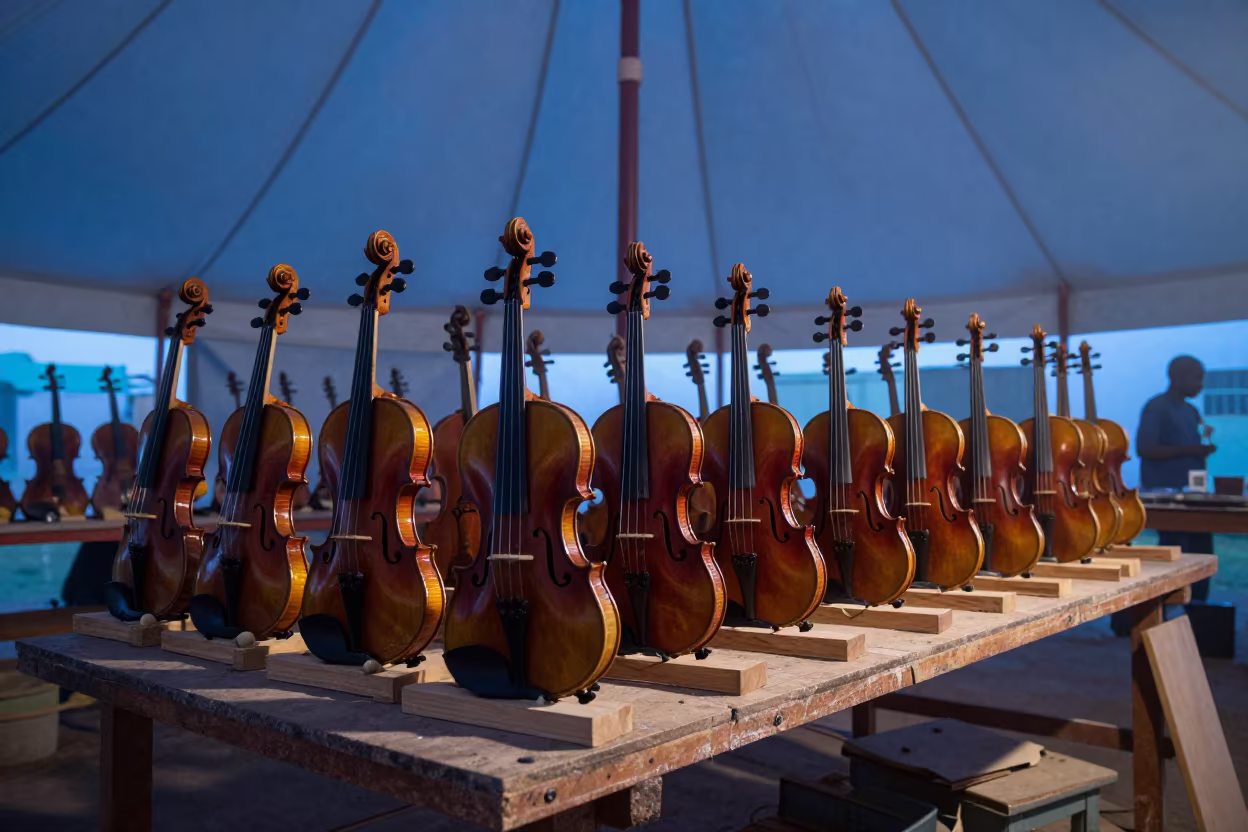 Violin Bodies in Clamps Under Circus Tent in under a circus tent in Lagos