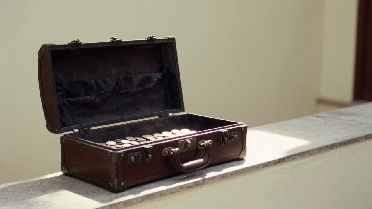 Violin Case and Coins on Trunk in Hyderabad in on a stone ledge in Hyderabad