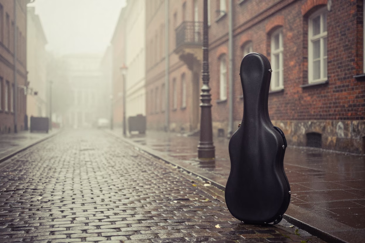 Violin Case in Berlin at Dawn Light in in Berlin, Germany