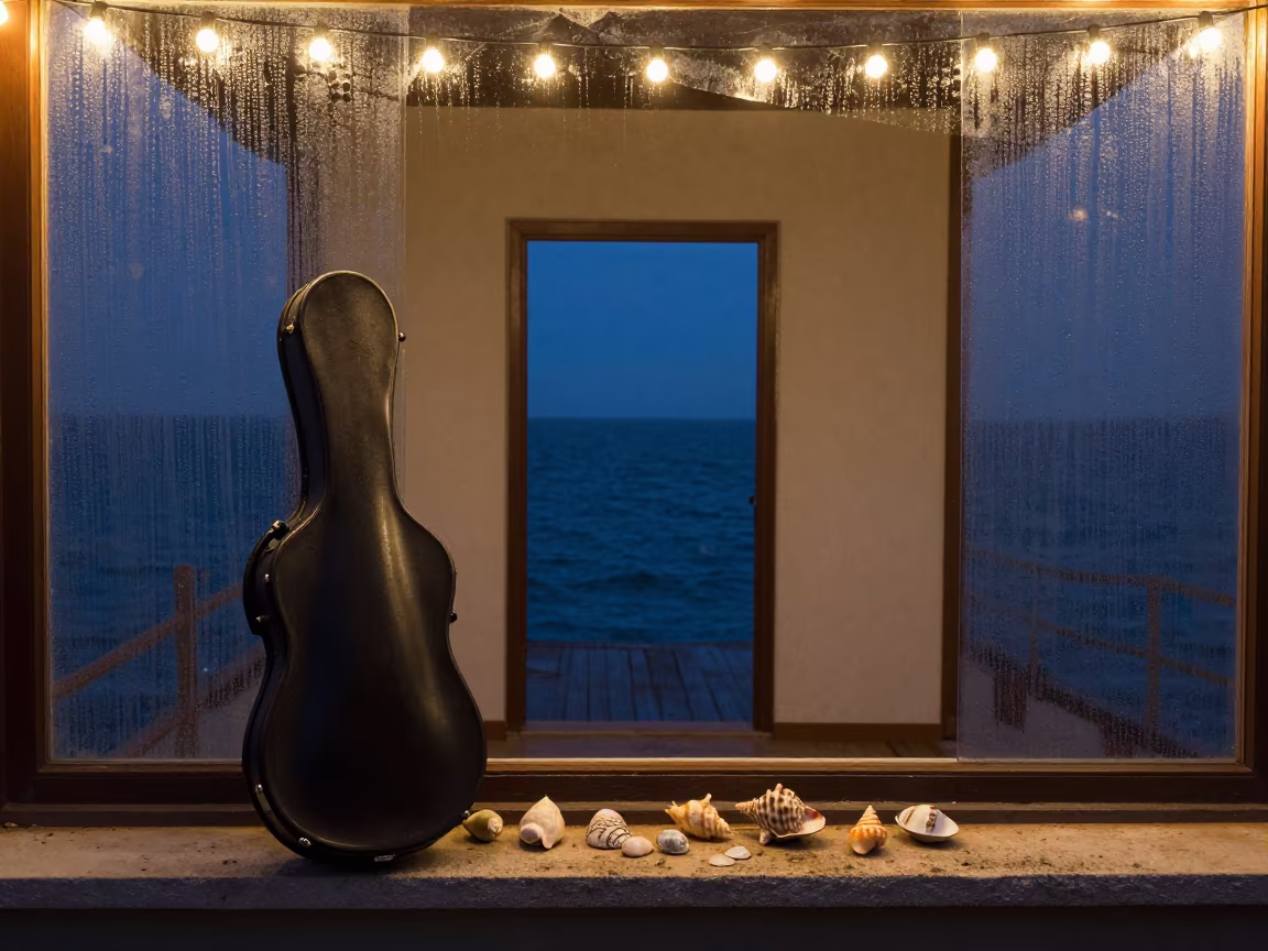 Violin Case and Shells on Pier Midnight Ocean Doorway in on a pier railing in Denizli