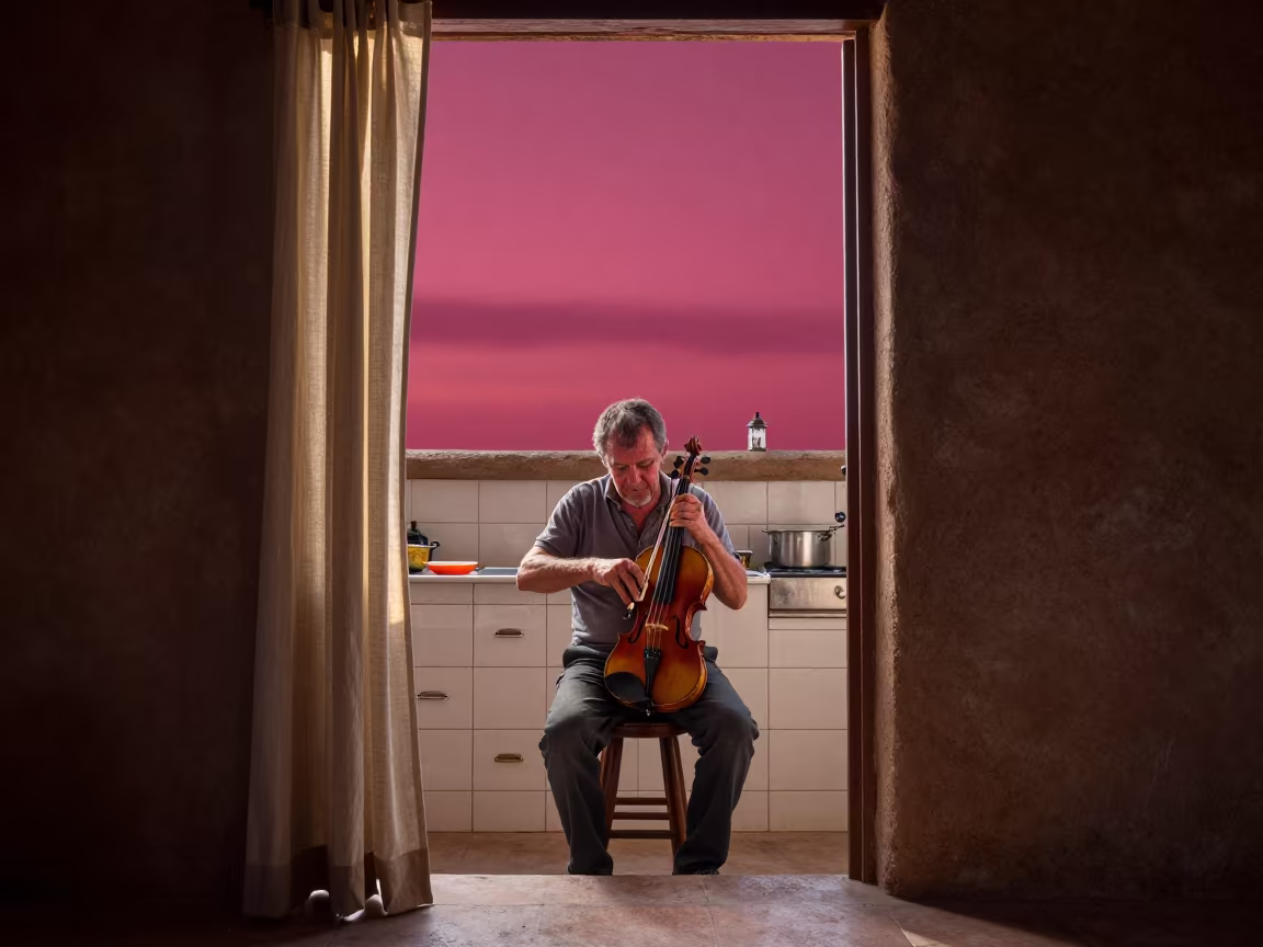 Violin Maker in Magenta Sky Doorway in in a tiled kitchen doorway in Santa Fe