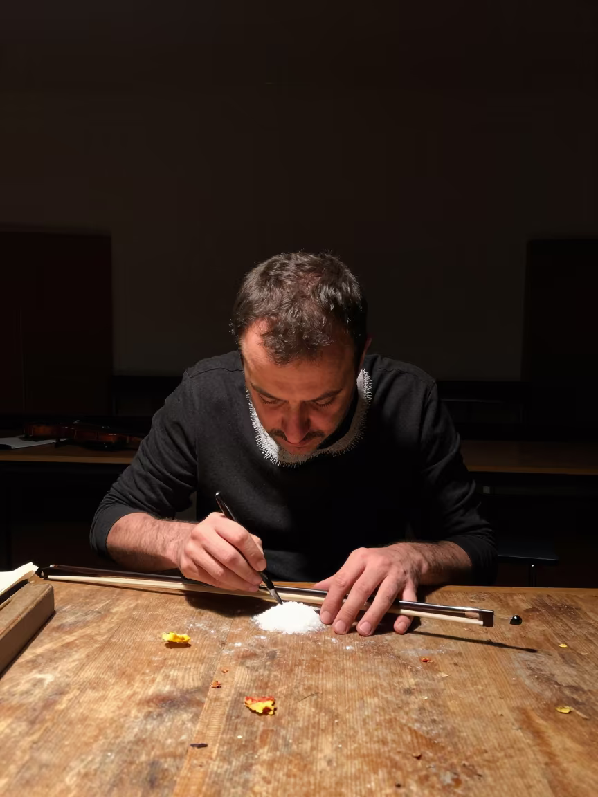 Violin Maker with Salt on Collar in Bursa in inside a quiet rehearsal room in Bursa
