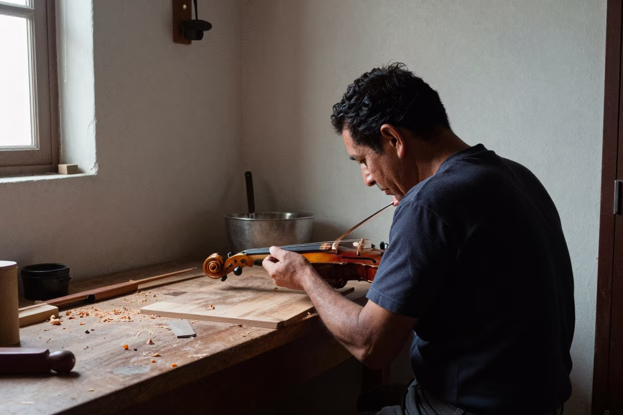 Violin Maker Shapes Scroll in Tijuana Kitchen in in a kitchen in Tijuana