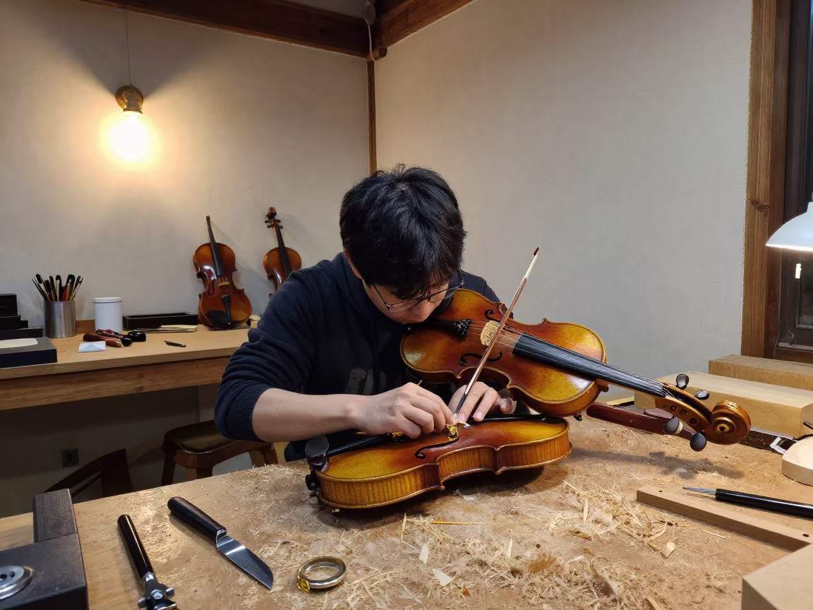 Violin Maker Shaping Scroll in Daejeon Workshop in in a workshop in Daejeon