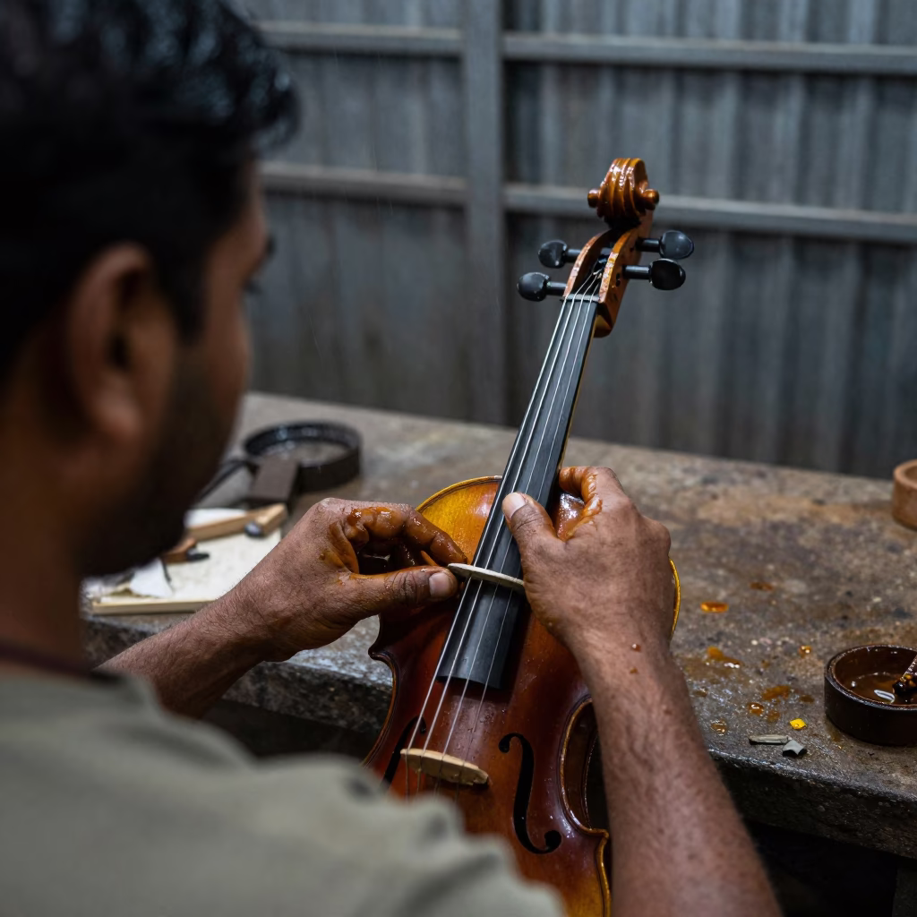 Violin Maker with Amber Varnish Hands in Bharuch Foundry in in a foundry in Bharuch