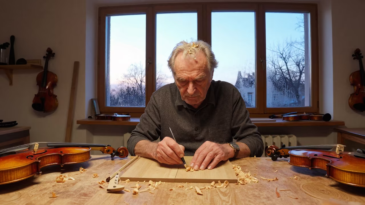 Violin Maker with Wood Shavings in Hair in in a studio in Nuremberg
