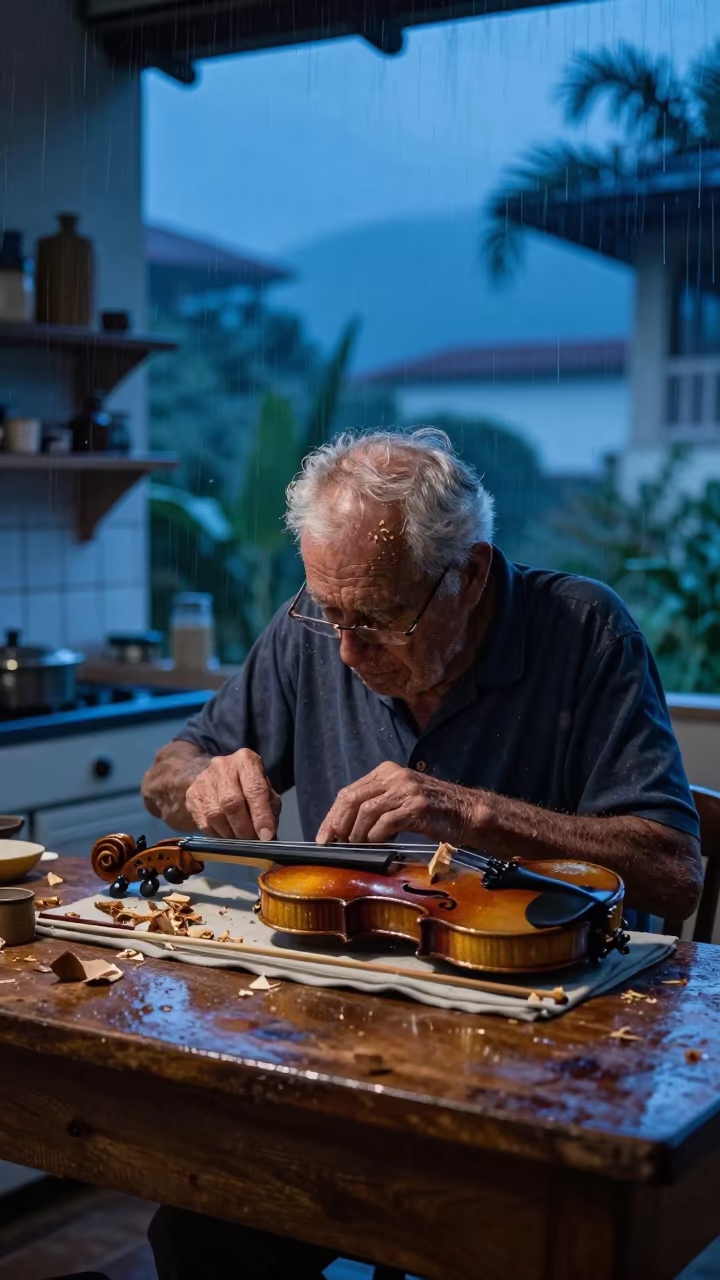 Violin Maker with Wood Shavings in Hair in in a kitchen in Santo Domingo