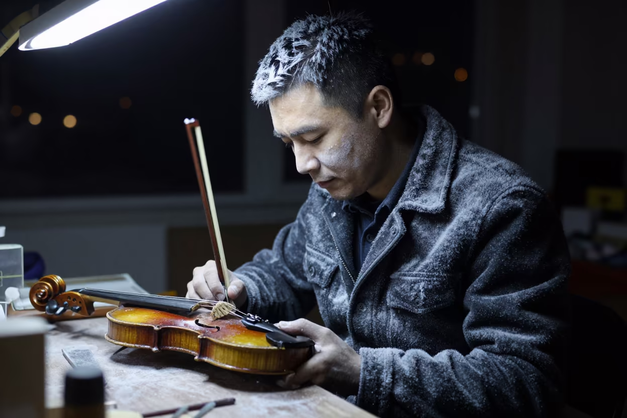 Violin Restorer in Qingdao Night with Frost in near Qingdao
