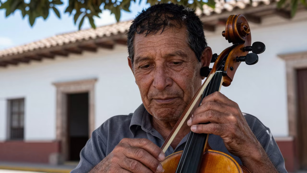 Violin Restorer with Tea Stains in Cochabamba in in the old quarter in Cochabamba