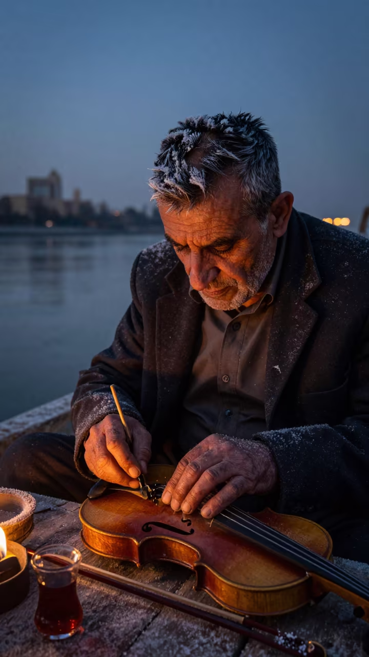 Violin Restorer Tea Stains Before Dawn in near a riverside landing in Mashhad