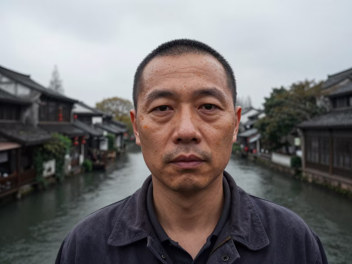 Varnish Stained Violin Restorer Portrait in beside a canal in Hangzhou