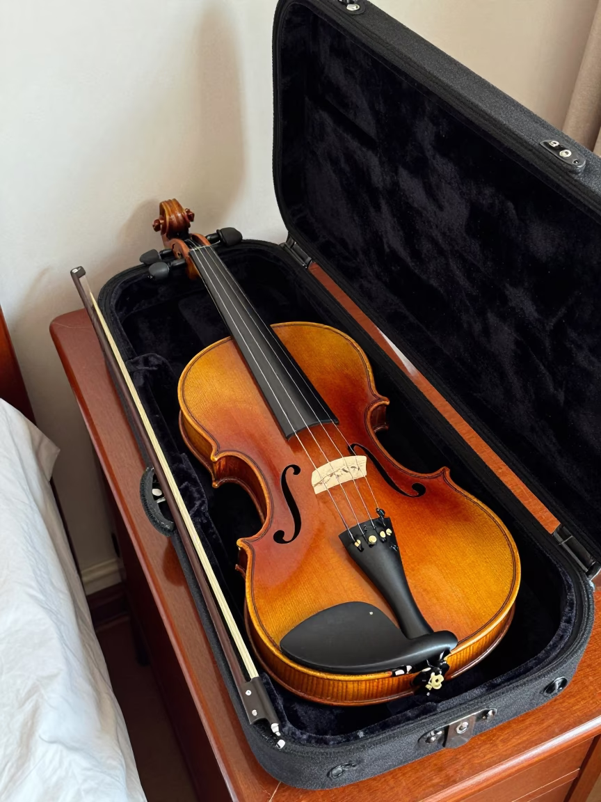 Violin in Velvet Case on Guangzhou Bedside Table in on a bedside table in Guangzhou