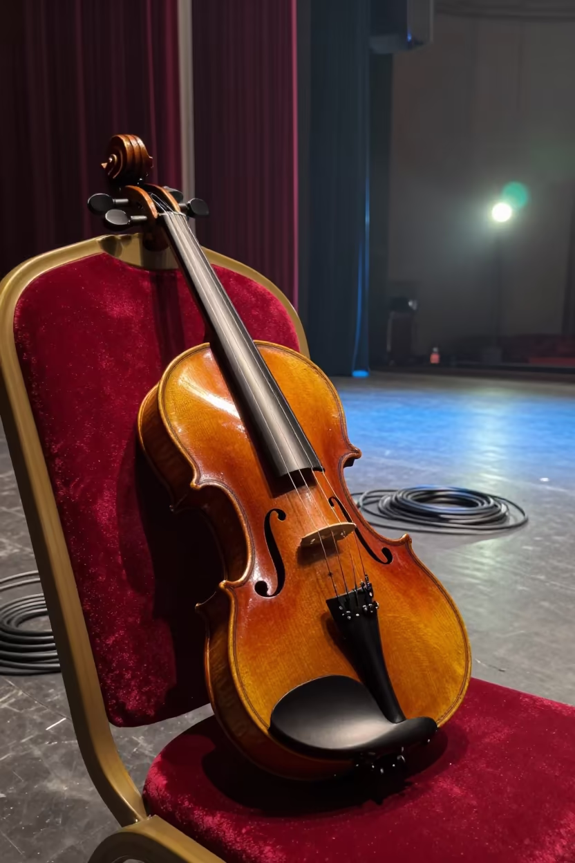 Violin on Velvet Chair in Predawn Lanzhou in on a theater stage in Lanzhou