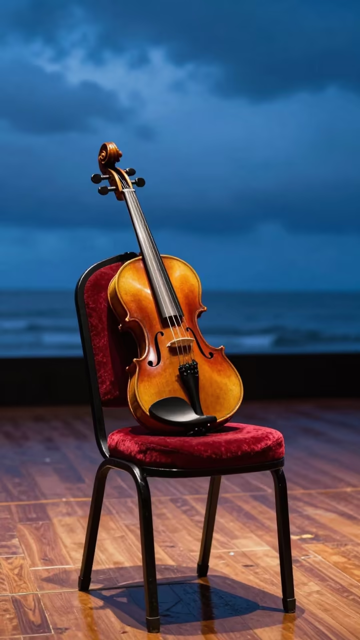 Violin on Velvet Chair Stage Les Cayes in on a theater stage in Les Cayes