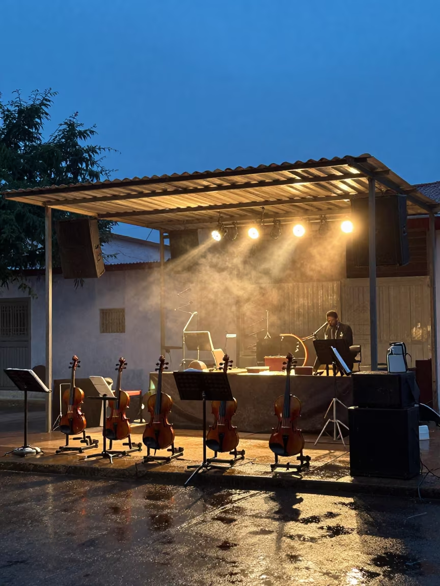 Violin Workshop on Divo Street Corner at Blue Hour in at a street corner busking spot in Divo