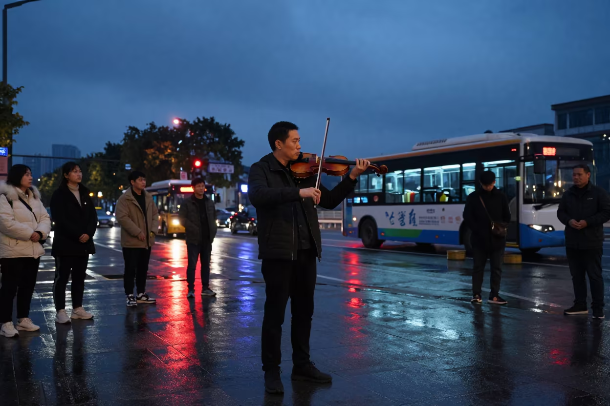 Violinist Busking Chongqing Neon Predawn in at a street corner busking spot in Chongqing