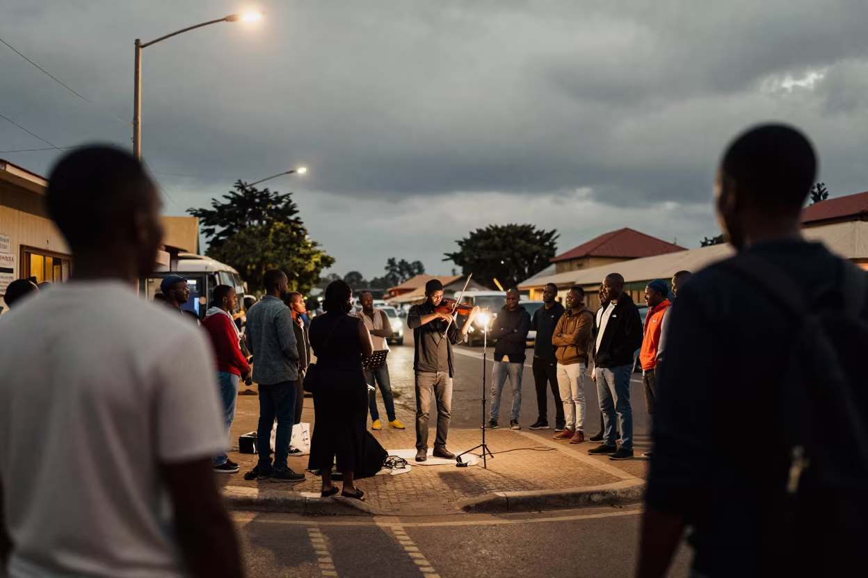Violinist Playing Street Corner Dusk Machakos in at a street corner busking spot in Machakos