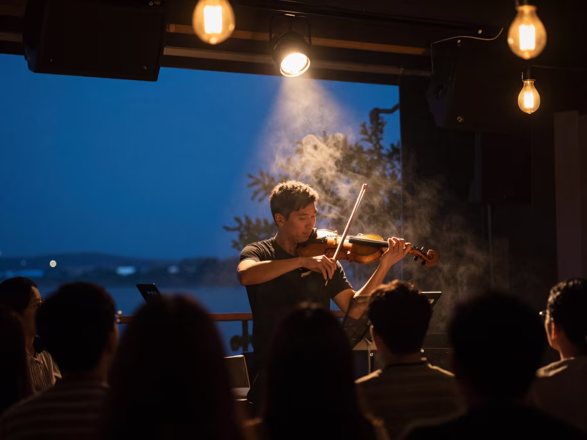 Violinist under spot in Coronel jazz club twilight in at a jazz club in Coronel
