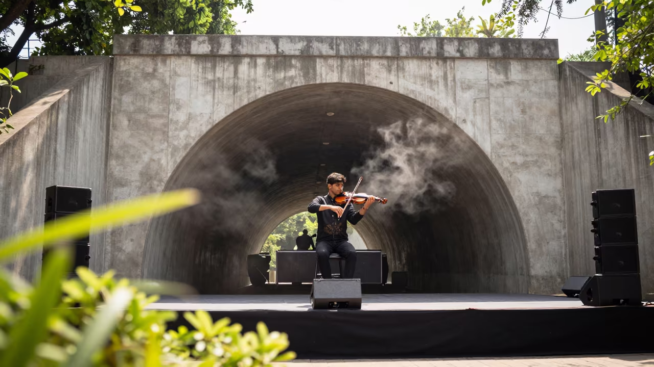 Violinist on Stage at Metro Tunnel Entrance in on a theater stage in Gurgaon