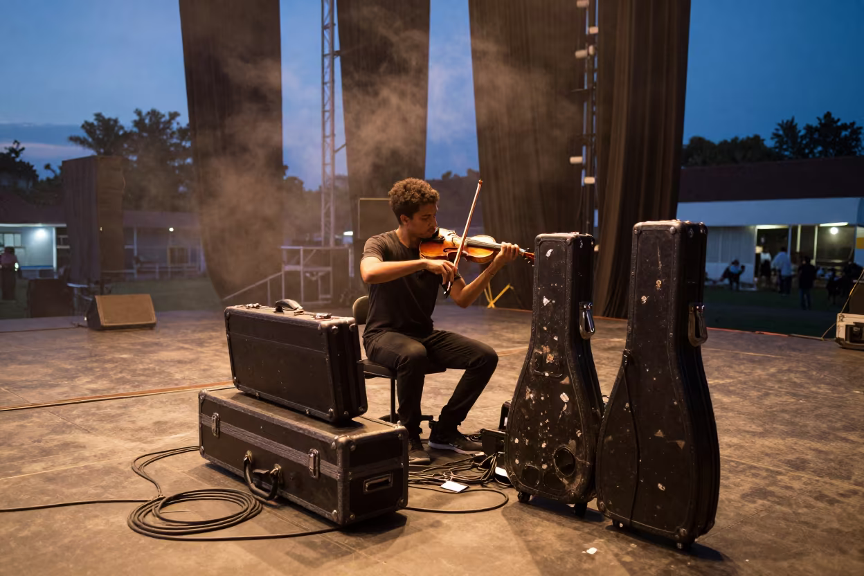 Violinist Tuning Backstage at Lobito Festival in on a festival main stage in Lobito