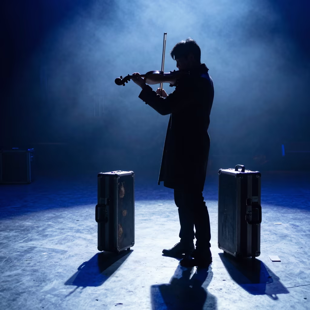 Violinist Tuning Backstage in Nanchang Winter in on a festival main stage in Nanchang