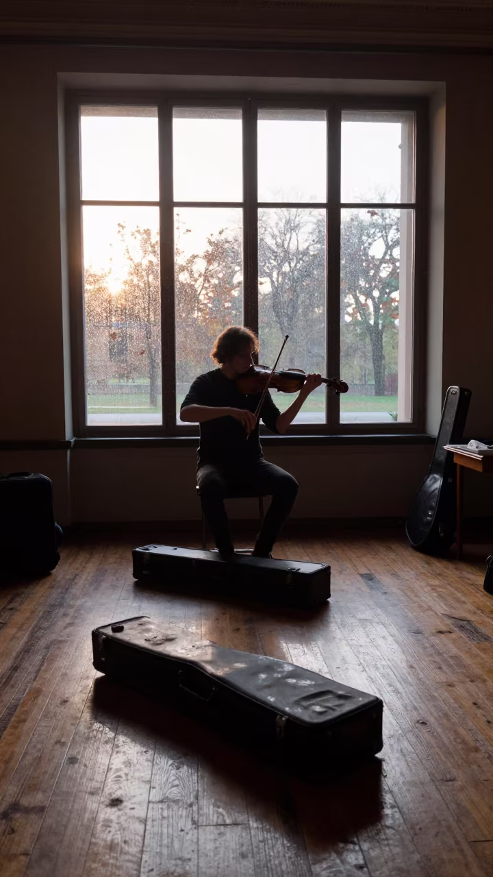 Violinist Tuning Backstage Turin Sunrise in on a theater stage in Turin