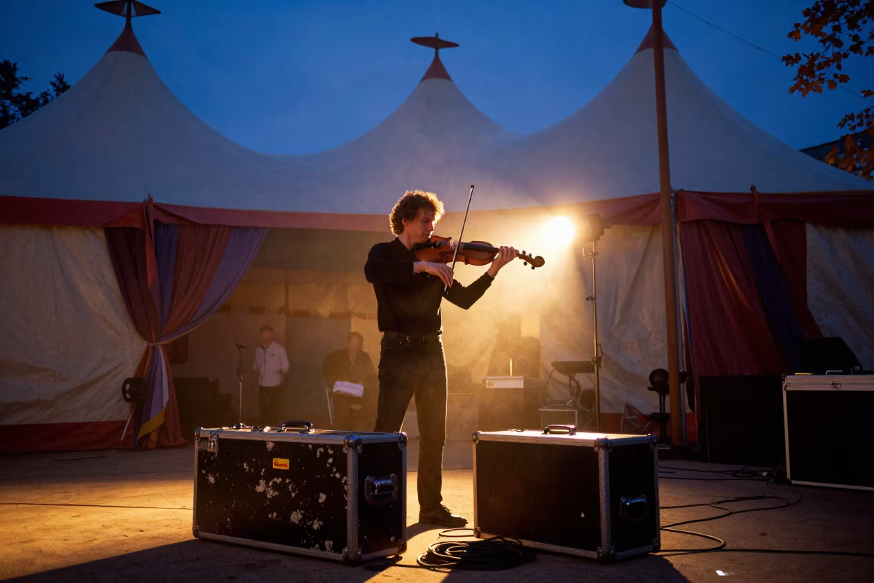 Violinist Tuning Under Circus Tent Dusseldorf in under a circus tent in Dusseldorf