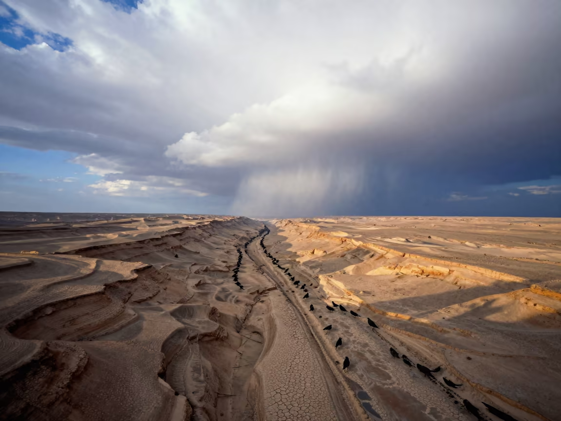 Virga Rain Clouds Over Iranian Canyon Dawn in over a horizon of stacked thunderheads in Iran