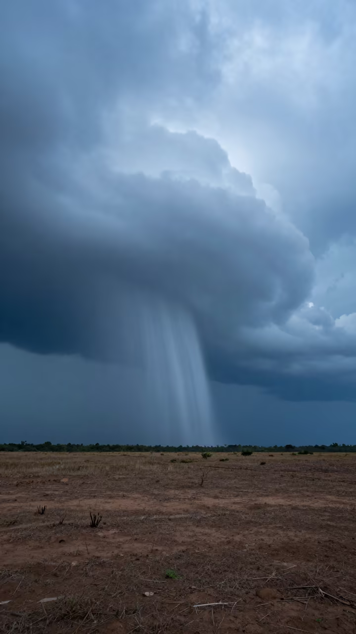 Virga Curtain Falling Stormy Liberian Plain in across a storm-bright plain in Liberia