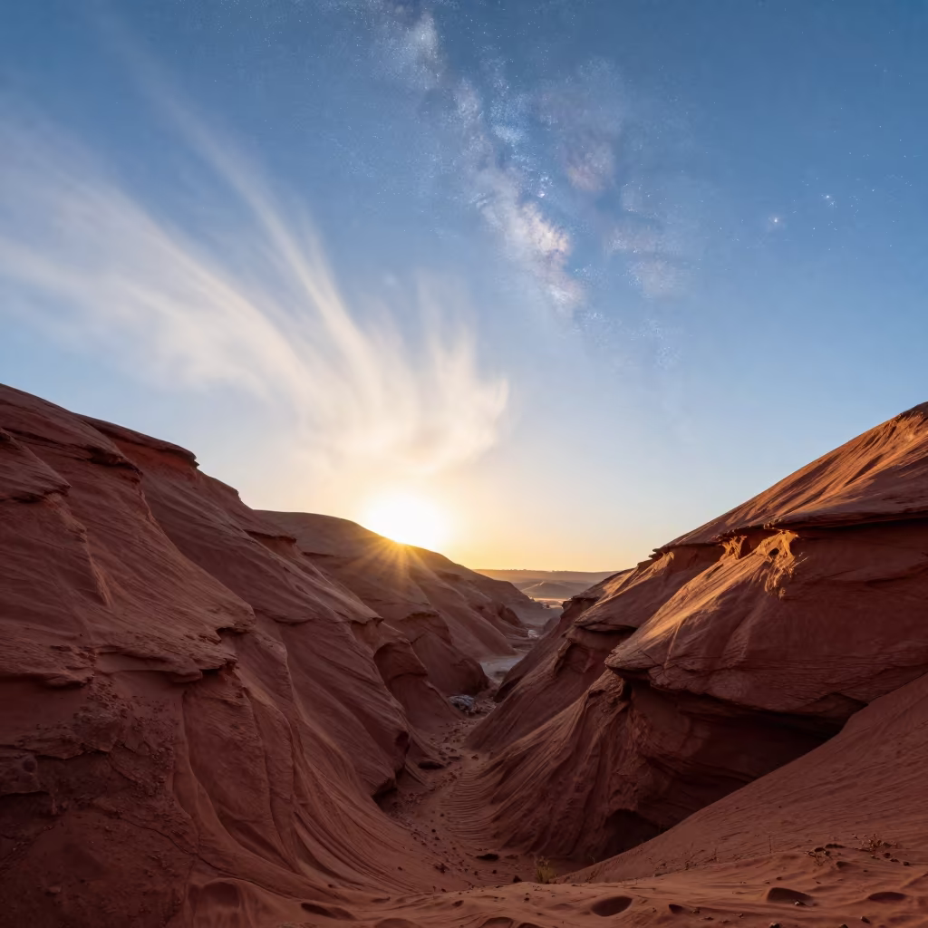 Virga Over Namibian Canyon With Daylight Milky Way in beneath fast-moving cloud bands in Namibia