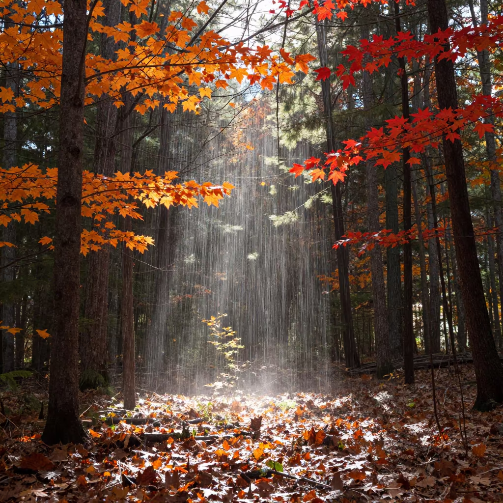 Virga Rain Evaporating Through Autumn Leaves Near Montreal in near Montreal