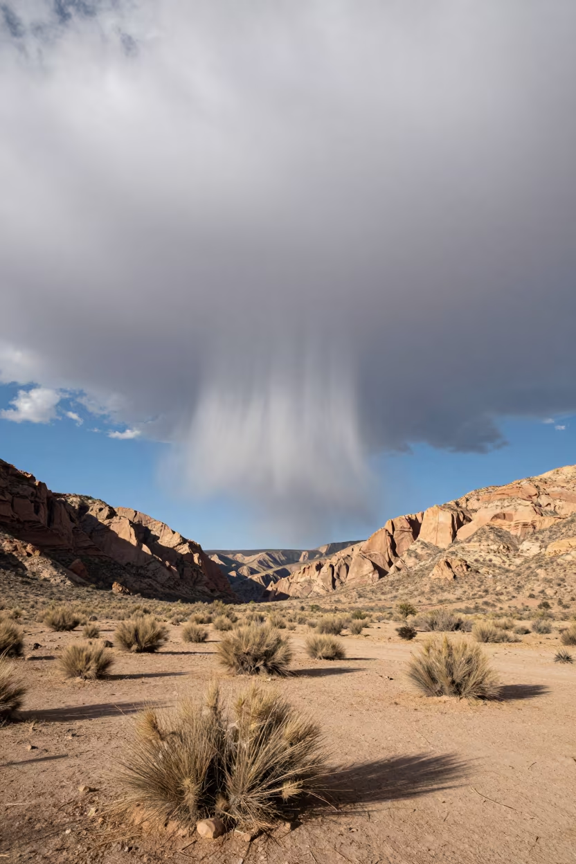Virga Trailing from Cloud Over Dry Canyon in across a storm-bright plain in New Mexico